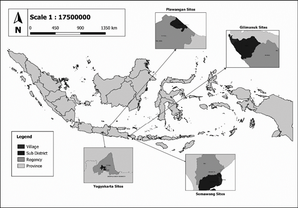 This figure shows a map of Indonesia indicating the sites considered in the present study, including Gilimanuk, Semawang, Plawangan, and Yogyakarta.