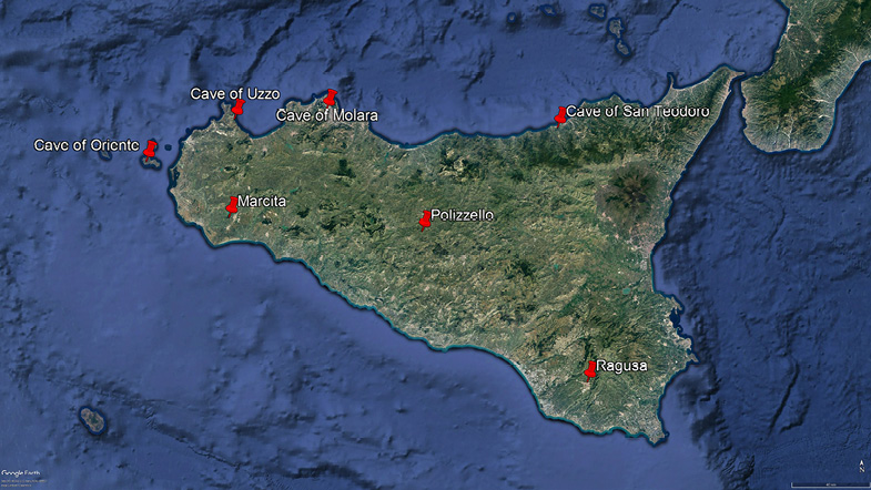 This figure shows a satellite map of Sicily with the sampled archaeological sites marked