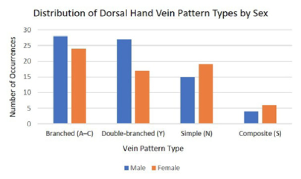 This is a chart that illustrates the frequency distribution of dorsal hand vein pattern types in males and females.