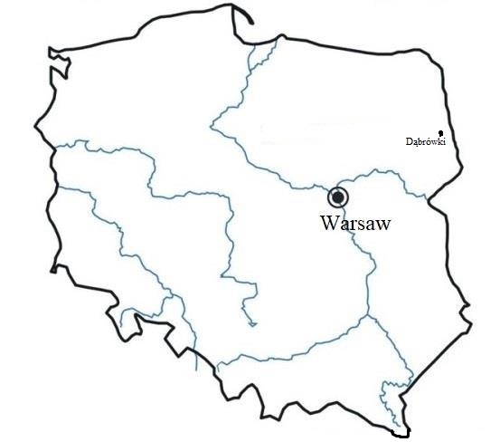 This image is a map of Poland showing the location of the archaeological site in Dąbrówki.