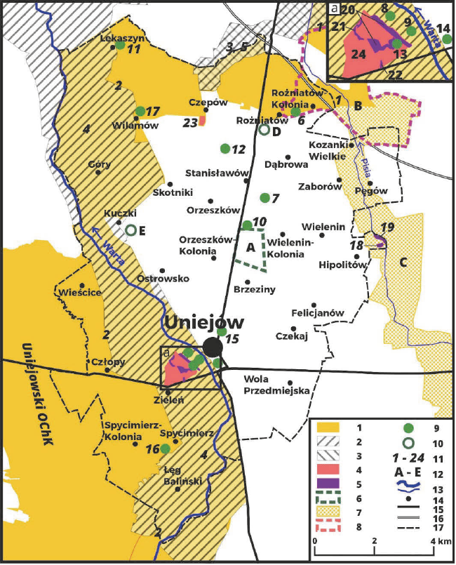Mapa gminy Uniejów z naniesionymi istniejącymi formami ochrony (obszary chronionego krajobrazu, obszary Natura 2000 — OSO i SOO, użytki ekologiczne, zespoły przyrodniczo-krajobrazowe, pomniki przyrody) oraz lokalizacją projektowanych obiektów: rezerwatu Uroczysko Wielenin, zespołu i obszaru chronionego krajobrazu Doliny Pisi, stanowiska dokumentacyjnego kamieniołomu Rożniatów oraz pomnika przyrody – wydmy Lubieżnia