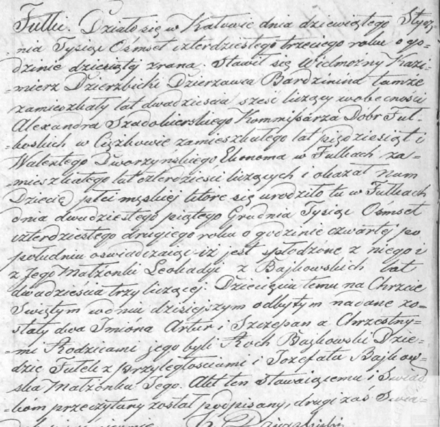 Skan metryki chrztu: akt urodzenia nr 7/1842 z parafii Dalików, odręczny wpis w kolumnowej księdze