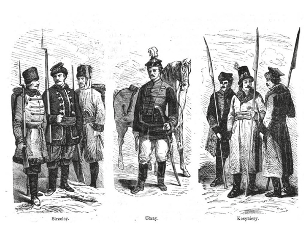 Litograficzny rysunek umundurowania kawalerii powstania styczniowego 