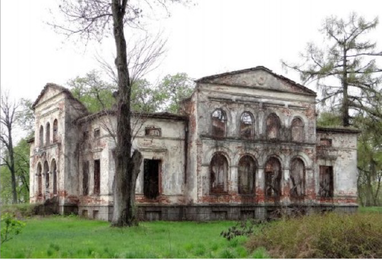 Ruiny dworu w Biernacicach; fragment ceglanej ściany porośniętej roślinnością