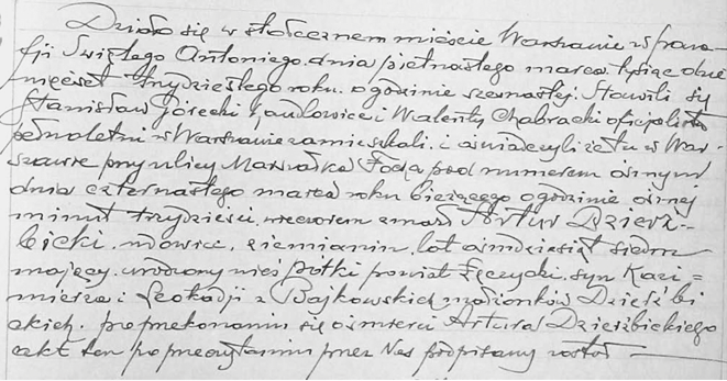 Akt zgonu Artura Dzierzbickiego; ręcznie wypełniony formularz stanu cywilnego