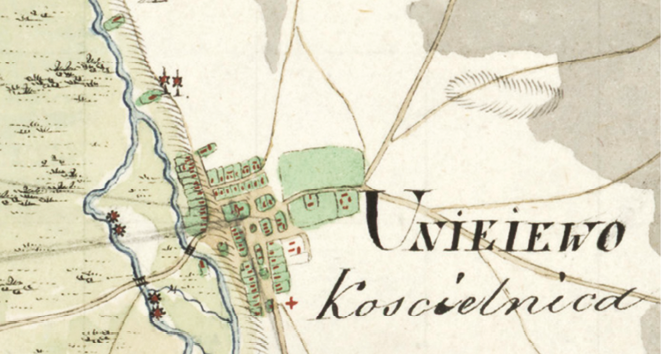 Fragment mapy Davida Gilly’ego (1793) z układem ulic i rzeką Wartą w Uniejowie. 