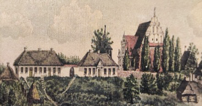 Akwarela S. Smolikowskiego – dach dawnej dzwonnicy kolegiaty częściowo zasłonięty drzewem.