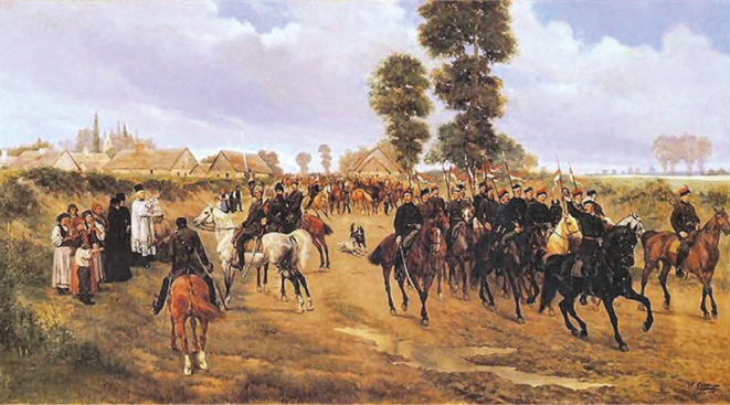 Obraz Jana Rosena „Powstańcy 1863 r.” z kawalerią w wiosce