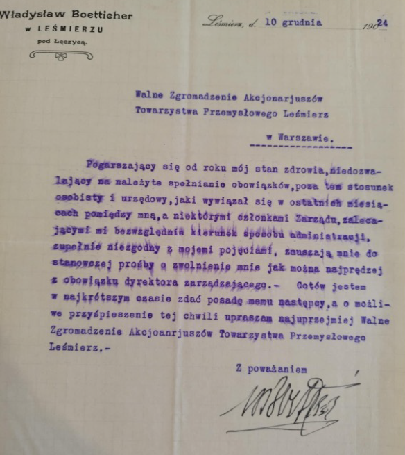 List Boettichera z 1924 roku o rezygnacji z funkcji dyrektora.