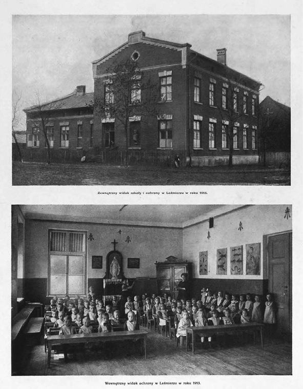 Budynek szkoły i ochronki w Leśmierzu, widok frontowy.