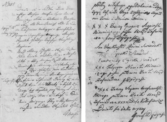 Dwie strony (pierwsza i ostatnia) rękopisu testamentu Grzegorza Szopińskiego spisanego przez notariusza 12 wrzesnia 1809 roku. Na ostatniej stronie podpisy świadków i notariusza.