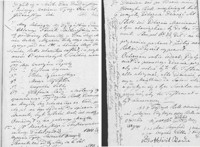 Dwie strony (pierwsza i ostatnia) rękopisu testamentu Franciszka Rolla spisanego przez notariusza 21 września 1811 roku. Na ostatniej stronie podpisy świadków i notariusza.