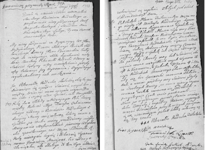 Dwie strony (pierwsza i ostatnia) rękopisu testamentu Petronelli Rudeckiej spisanego przez notariusza 19 lutego 1812 roku. Na ostatniej stronie podpisy świadków i notariusza.