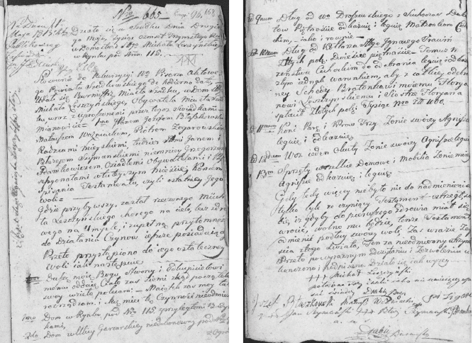Dwie strony (pierwsza i ostatnia) rękopisu testamentu Michała Leszczyńskiego spisanego przez notariusza 2 maja 1813 roku. Na ostatniej stronie podpisy świadków i notariusza.