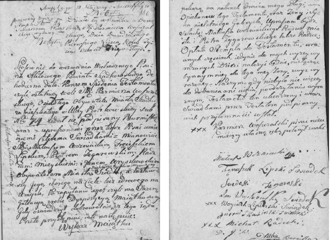 Dwie strony (pierwsza i ostatnia) rękopisu testamentu Kazimierza Woszczalskiego spisanego przez notariusza  21 lipca 1813 roku. Na ostatniej stronie podpisy świadków i notariusza.
