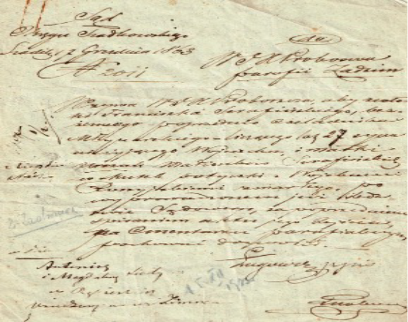 Skan pisma Sądu Okręgu Szadkowskiego do proboszcza parafii Zadzim w sprawie pochowania powstańca, 7 grudnia 1863 r., zbiory Muzeum Okręgowego w Sieradzu, fot. A.Piestrzeniewicz