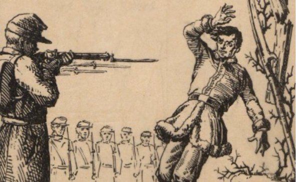 Grafika przedstawiająca egzekucję żołnierza powstania styczniowego.