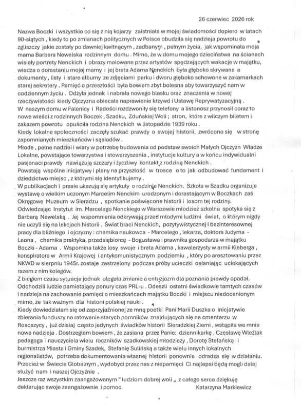 List Katarzyny Markiewicz skierowany do Komitetu Społecznego.