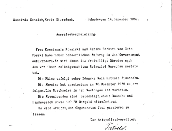 Nakaz wysiedleńczy wydany przez urzędnika policyjnego gminy Szadek, bez prawa powrotu. Inskrypcja w języku Niemieckim.