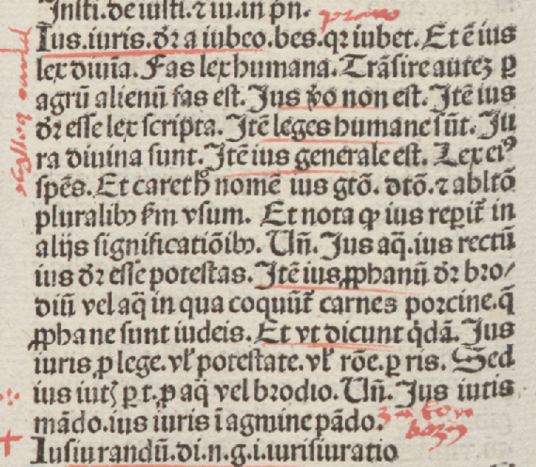 Treść łacińskiego hasła "Ius" ze starodruku Vocabularius breviloquus wydanego w 1488 r. Na marginesie odręczny dopisek Bartłomieja z Bydgoszczy