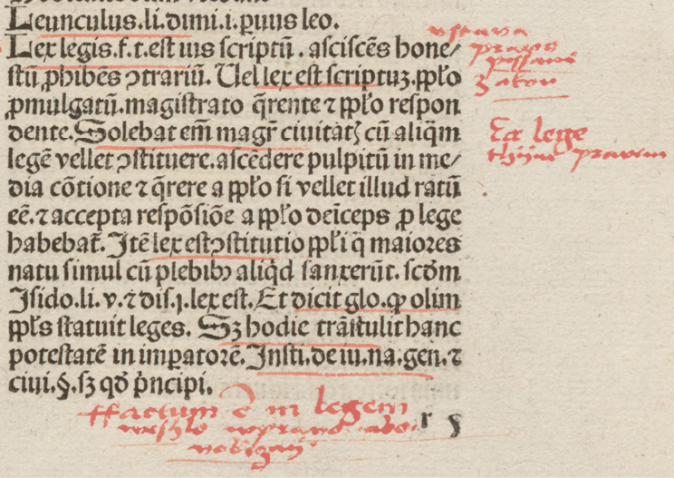 Treść łacińskiego hasła: "Lex" ze starodruku Vocabularius breviloquus wydanego w 1488 r. Na marginesie odręczne dopiski Bartłomieja z Bydgoszczy.