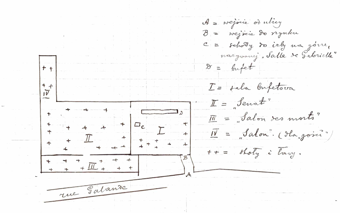 Ilustracja przedstawia odręcznie narysowany przez Jana Lorentowicza plan parteru Château Rouge, z legendą do naniesionych na niego liter i cyfr po prawej stronie. Wnętrze podzielone jest na cztery główne sale. W pierwszej (oznaczonej I) znajduje się bufet, schody prowadzące na wyższe piętro oraz wejście do budynku. Po prawej umieszczone jest przejście do największej sali centralnej (oznaczonej II), powyżej i poniżej której znajdują się dwa pomieszczenia (oznaczone IV oraz III). Wnętrza wypełnione są równomiernie rozstawionymi znakami określającymi stoły i ławy