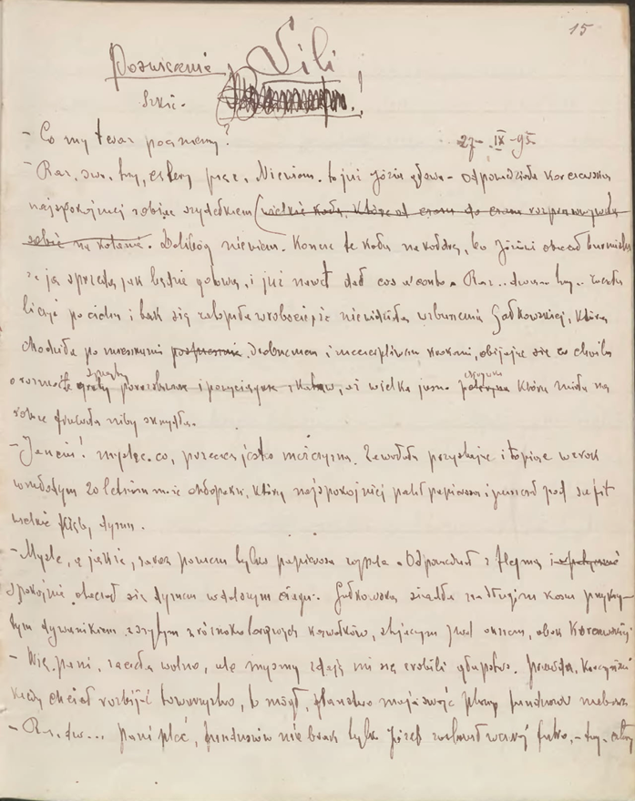 Tytułowa strona rękopisu noweli "Lili" W. S. Reymonta. W nagłówku znajdują się trzy warianty tytułu. Niżej znajduje się tekst noweli zajmujący całą stronę. Na poziomie pierwszego wersu widnieje data „27 IX 95 r”. Pismo jest drobne, słabo czytelne. Wybrane litery nie posiadają swoistych dla nich cech 
