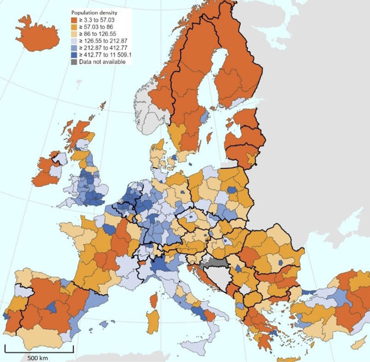 Fig. 1.  European population density map in NUTS-2 regional breakdown in 2019. Source: own work based on Eurostat data. Immagine che contiene mappa, atlante, testoDescrizione generata automaticamente