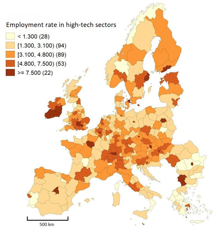 Fig. 2. Employment in high technology and knowledge-intensive sectors as the percentage of total employment in the NUTS-2 European regions in 2019. Source: own work based on Eurostat data. Immagine che contiene mappa, testo, atlanteDescrizione generata automaticamente