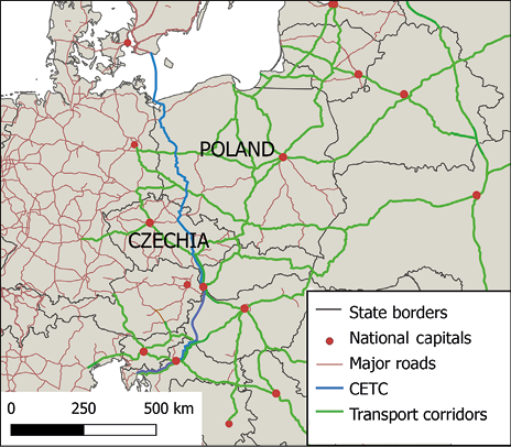 Fig. 4. The schematic plan of Pan-European Transport Corridors agreed in Helsinki in 1997 in the vicinity of Poland and Czechia, and the course of the CETC Corridor, unsuccessful lobbying in 2004–2010. The schematic plan of Pan-European Transport Corridors agreed in Helsinki in 1997 in the vicinity of Poland and Czechia. In addition, the course of the CETC Corridor, leading from Ystad (Sweden) via Szczecin (Poland) to Rijeka (Croatia), unsuccessful lobbying in 2004-2010, is highlighted.