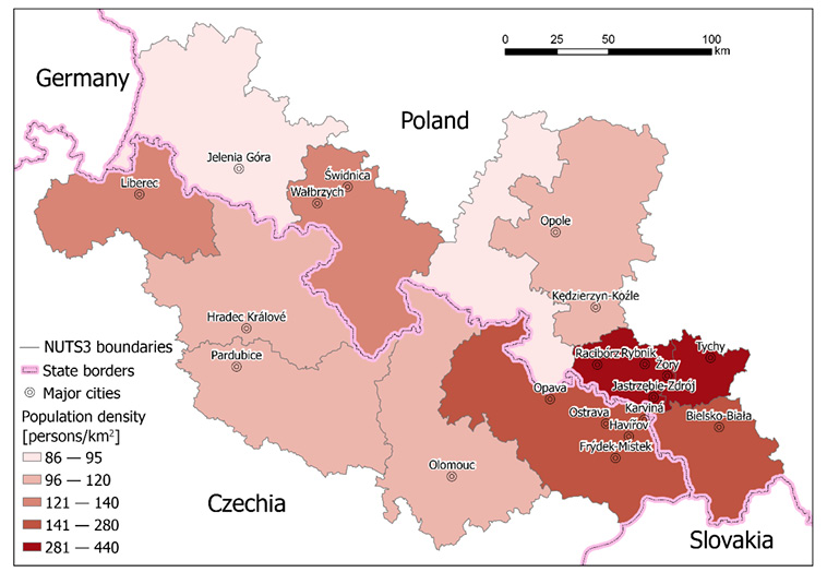 Fig. 1. The studied area of the Polish-Czech borderlands and population density in the analysed EU NUTS-3 statistical regions (2023). The population density in the analysed EU NUTS 3 statistical regions (2023) in the Polish-Czech borderlands. The most densely populated areas are those of historical Silesia, a former industrial basin associated with coal mining. The most sparsely populated regions are Jelenia Góra and Opole in Poland.