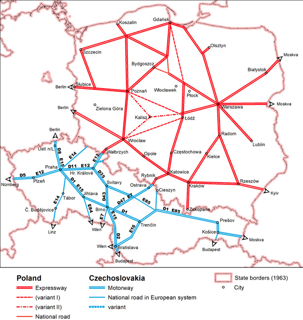 Fig. 2. Plans for the construction of motorways in Czechoslovakia and Poland in 1963. The original national maps were schematic and lack scale. Plans for the construction of motorways in Czechoslovakia and Poland in 1963.  The planned motorways were drawn with straight lines between the largest cities. The original national maps were schematic and lack scale.