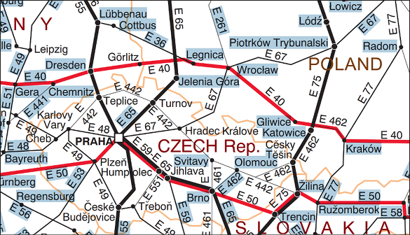 Fig. 3. Excerpt of the plan of international roads agreed in 1975 against the background of the contemporary borders of Poland and Czechia (the original map is schematic without preserving cartographic details). Excerpt of the plan of international roads agreed in 1975 against the background of the contemporary borders of Poland and Czechia. Only three international roads crossing the Polish-Czech border are visible. The original map is schematic without preserving cartographic details.