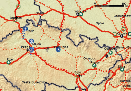 Fig. 5. Excerpt from a map covering the main roads on the Polish-Czech borderlands in the EU document No. 1315/2013: Guidelines for the development of the trans-European transport network. Excerpt from a map covering the main roads on the Polish-Czech borderlands in the EU document No. 1315/2013. Only three cross-border roads are included: Legnica – Pardubice, Katowice – Ostrava – Přerov and Přerov – Bielsko-Biała