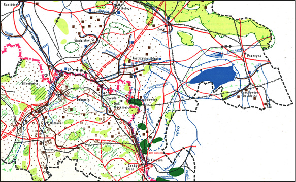 Fig. 6. Excerpt of a map from the document Study of Spatial Development of the Poland-Czechoslovakian Border Areas: a joint document from 1985. Excerpt of a map from the document: ‘Study of Spatial Development of the Poland–Czechoslovakian Border Areas: a joint document’ from 1985. The borderland development maps prepared there were of poor cartographic quality and poorly agreed on – for example the planned Ostrava – Katowice motorway reached the border in different places on the Czech and Polish sides.