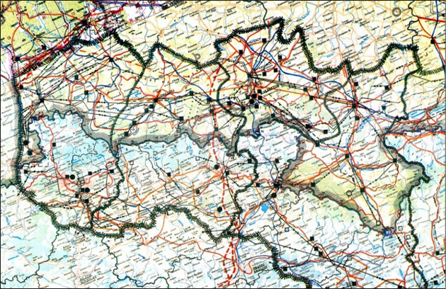 Fig. 7. Excerpt from a map from the document Coordination Study of the Development of the Polish-Czech Borderland from 1993. Excerpt from a map from the document: ‘Coordination Study of the Development of the Polish–Czech Borderland’ from 1993. The maps are of better quality than in the 1985 document and the route of cross-border infrastructure is better agreed.