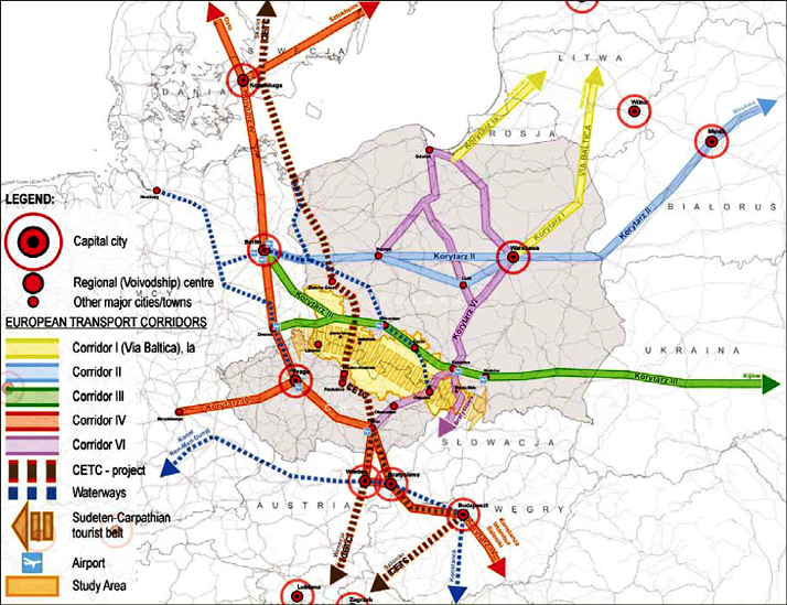 Fig. 8. Polish-Czech border regions against the backdrop of European transport corridors according to the document Spatial Development Study of the Polish-Czech Border Region. Synthesis of National Documents from 2006 (excerpt from the map). Polish-Czech border regions against the backdrop of European transport corridors according to the document: ‘Spatial Development Study of the Polish-Czech Border Region. Synthesis of National Documents’ from 2006. European transport corridors III and IV run parallel to the Czech-Polish border. Only corridor VI crosses the border.