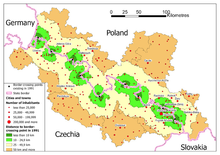 Fig. 10 A. Accessibility of Polish and Czech border areas through border crossing in 1991 (A – measured by the distance to the passport border crossing point accessible for cars) and in 2024. Accessibility of Polish and Czech border areas through border crossing in 1990 (measured by the distance to the passport border crossing point accessible for cars) and through all roads in 2024 (measured by the distance to all roads crossing the border and accessible for public car traffic). A significant increase in the permeability of the border and an increase in the mutual accessibility of border areas can be observed.