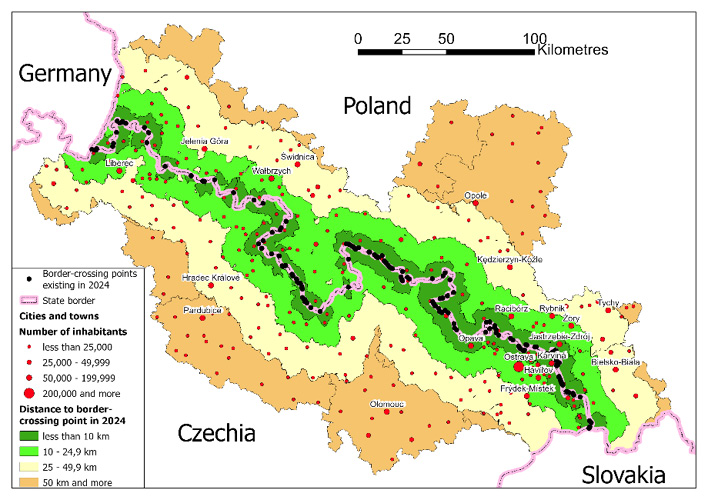 Fig. 10 B. Accessibility of Polish and Czech border areas through border crossing in 1991 (B – measured by the distance to all roads crossing the border and accessible for public car traffic) Accessibility of Polish and Czech border areas through border crossing in 1990 (measured by the distance to the passport border crossing point accessible for cars) and through all roads in 2024 (measured by the distance to all roads crossing the border and accessible for public car traffic). A significant increase in the permeability of the border and an increase in the mutual accessibility of border areas can be observed.