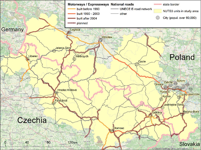 Fig. 11. Development of the Polish-Czech border road network before 2004 and in 2004–2024 (only the main international and national roads in the studied area were shown) Development of the Polish-Czech border road network before 2004 and in 2004–2024. Slightly more development of expressways on the Polish side is evident.