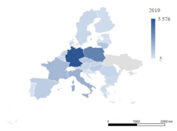 Export of goods from EU countries to Ukraine in 2019, millions of USD. Depicting a map of Europe shows the volume of exports of goods from EU countries to Ukraine in 2019, with the largest volumes coming from Germany and Poland.