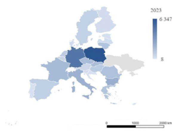 Export of goods from EU countries to Ukraine in 2023, millions of USD. Depicting a map of Europe shows the volume of exports of goods from EU countries to Ukraine in 2023, with the largest volumes coming from Poland and Germany.
