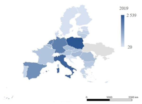 Import of goods to EU countries from Ukraine in 2019, millions of USD. Depicting a map of Europe shows the volume of import of goods to EU countries from Ukraine in 2019, with the largest volumes arriving in Poland, Italy, Germany, and Spain.
