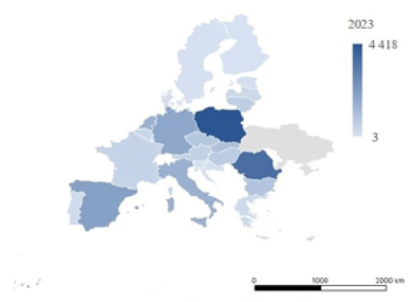 Import of goods to EU countries from Ukraine in 2023, millions of USD. Depicting a map of Europe shows the volume of import of goods to EU countries from Ukraine in 2023, with the largest volumes arriving in Poland and Romania.