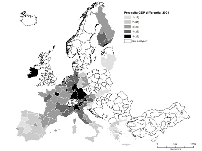 Fig. 2. Regional differentials in the EA: year 2001 (GDP per capita percentage differentials compared with the EA average)