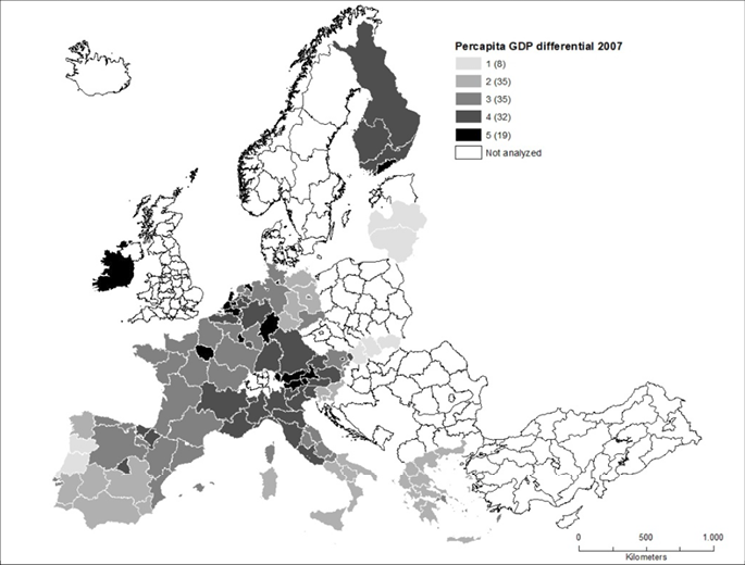 Fig. 3. Regional differentials in the EA: year 2007 (GDP per capita percentage differentials compared with the EA average)