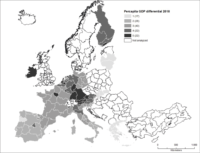 Fig. 4. Regional differentials in the EA: year 2018 (GDP per capita percentage differentials compared with the EA average)