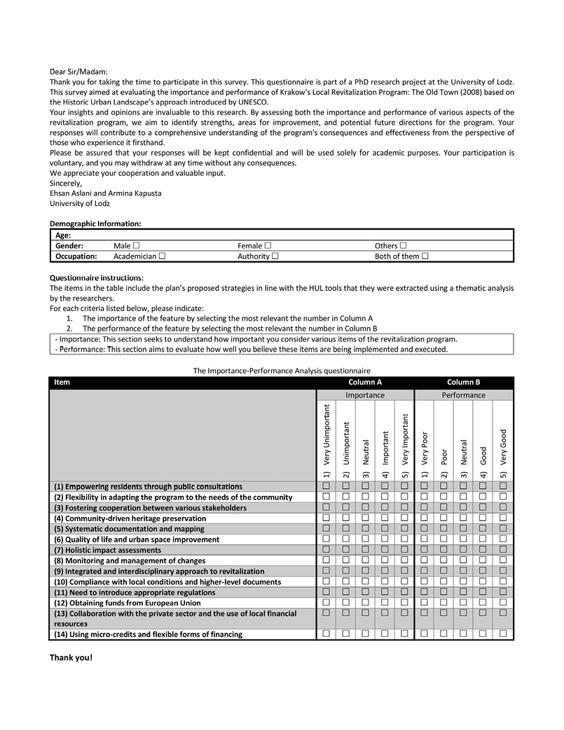 The text describes a survey with three main parts: an introductory statement, a demographics section, and a main questionnaire. The questionnaire is a two-column table where participants rate items on both their "Importance" and "Performance" using a 1-to-5 scale.