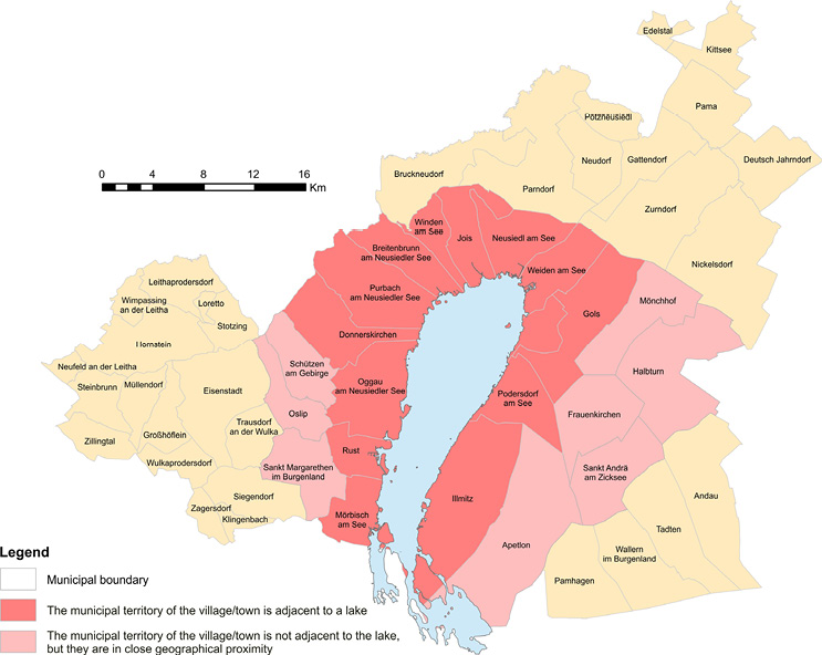The figure illustrates the geographical area of Lake Neusiedl, clearly indicating the specific municipalities included in the analysis.