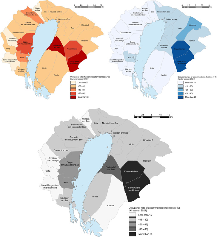 This map shows the spatial distribution of occupancy rates in individual municipalities in the Neusiedler See region for 2024. The graphic visualises geographical differences in demand for accommodation and its utilization efficiency, including occupancy rates in the summer, winter, and overall seasons.  